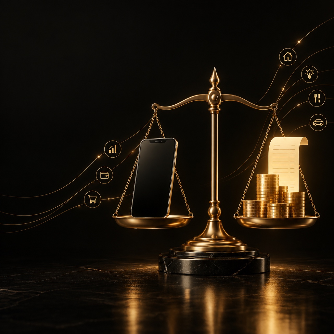 Champagne-gold line illustration of a balance scale weighing a smartphone against a stack of coins and a monthly receipt, on carbon black