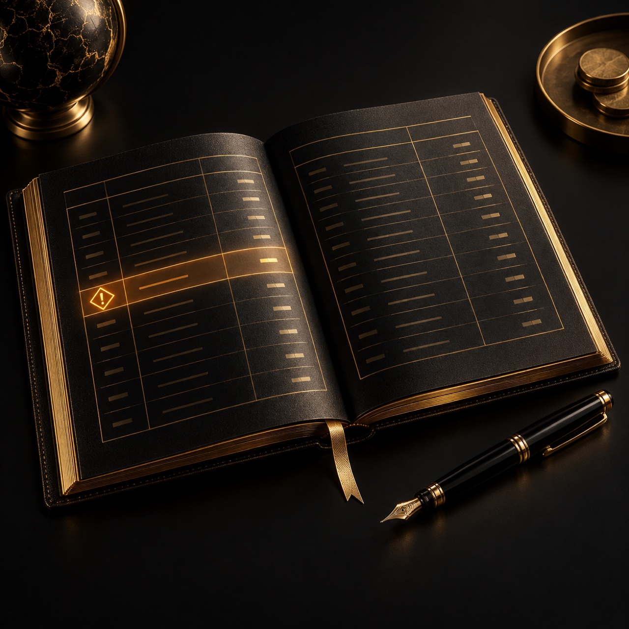 An open gold-trimmed ledger with glowing columns and one row flagged by a small amber warning diamond, on carbon black