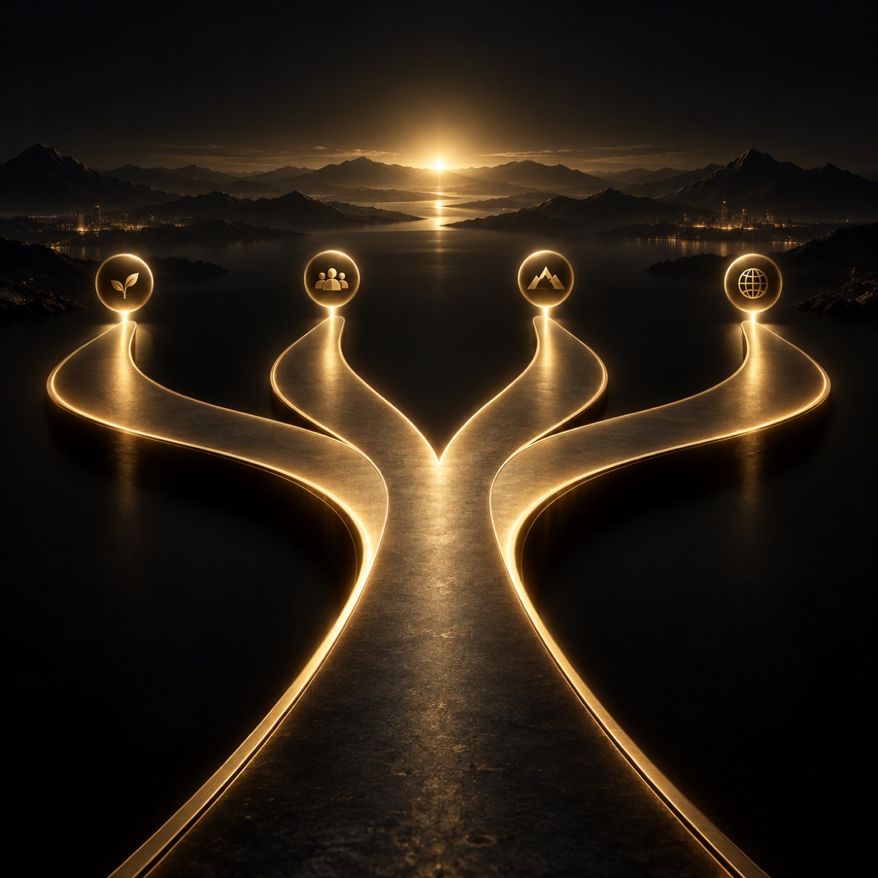 A single glowing gold path forking into four illuminated lanes stretching toward the horizon, on carbon black